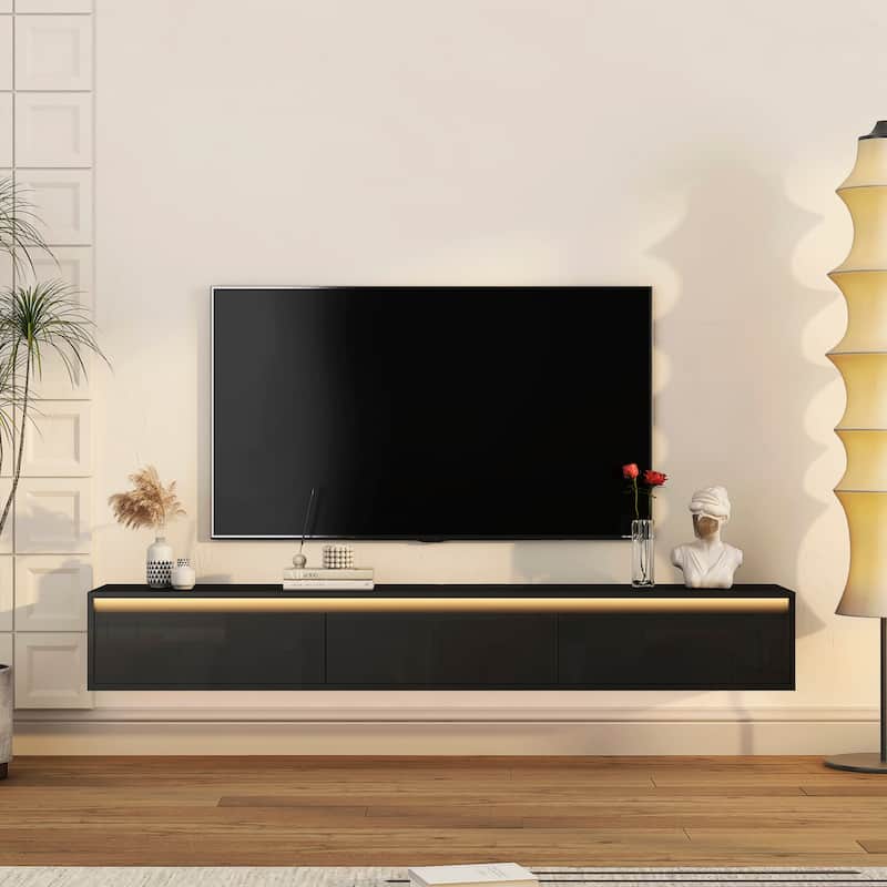 Floating TV Stand, Wall Mounted TV Shelf with Led Lights & Power Outlet,High Gloss TV Cabinet for Black tv Stands