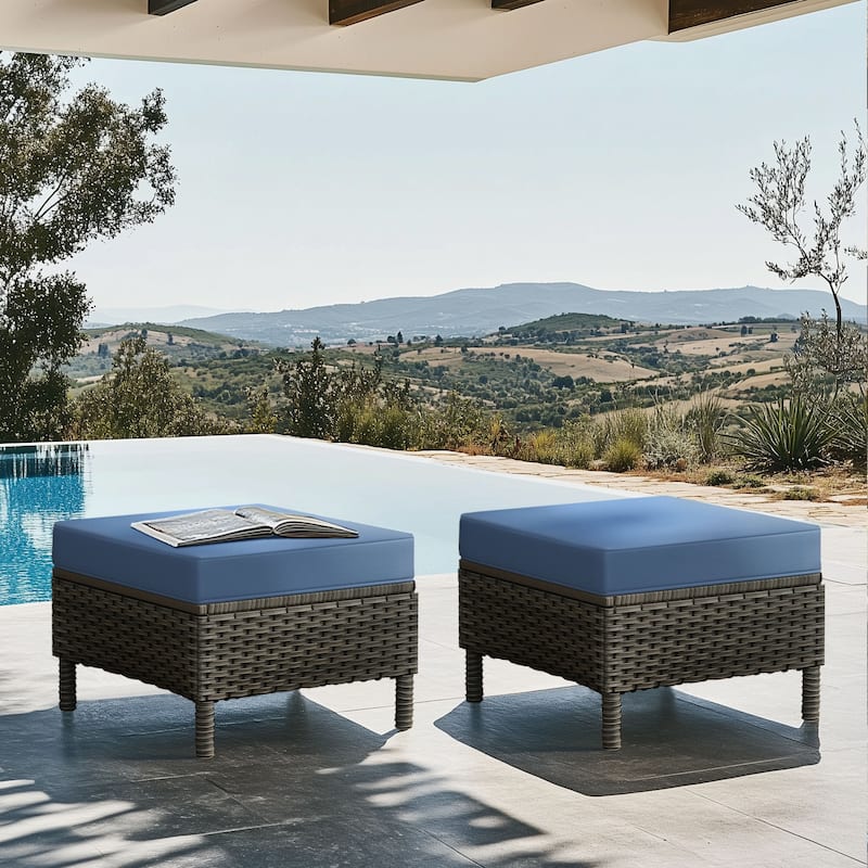 Outdoor Rattan Wicker cushioned Footstool Ottomans Set of 2