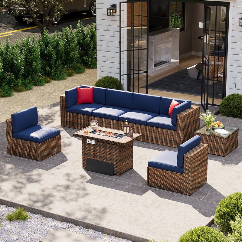 8-Piece Patio Furniture Set with 40" Fire Pit Table - Blue