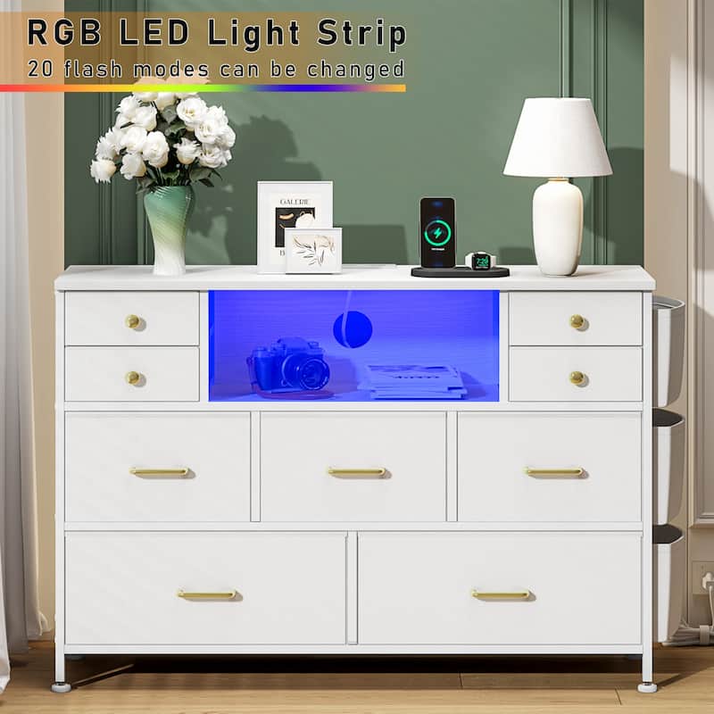 9 Drawer Dresser TV Stand with Power Outlets LED Lights Fabric Chest of Drawers