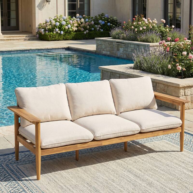 Christopher Knight Home - Terassi Outdoor Acacia Wood 3-Seater Sofa with Wide Armrest & Backrest Support Cushion - 76.25"W - 76.25"W - Beige,Light Teak