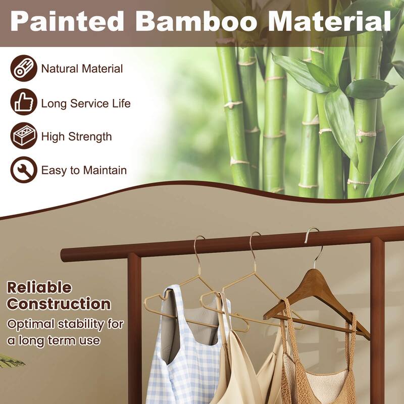 Costway Bamboo Clothes Rack with Rattan Storage Basket & Wheels, - See Details