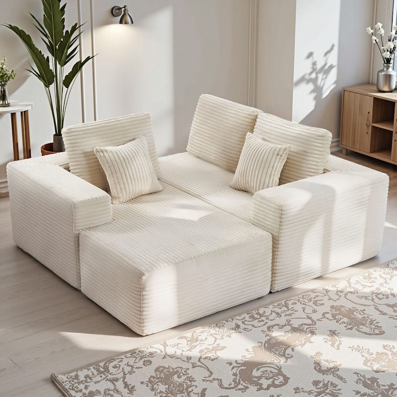 Meyreso No Assembly Required Long Plush L-Shaped Sectional Sofa with Round Nesting Coffee Tables