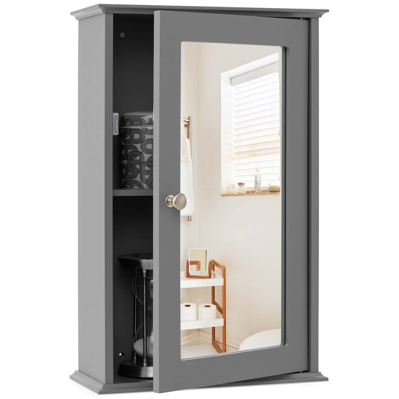 Costway Bathroom Wall Cabinet Single Mirror Door Cupboard Storage - Grey