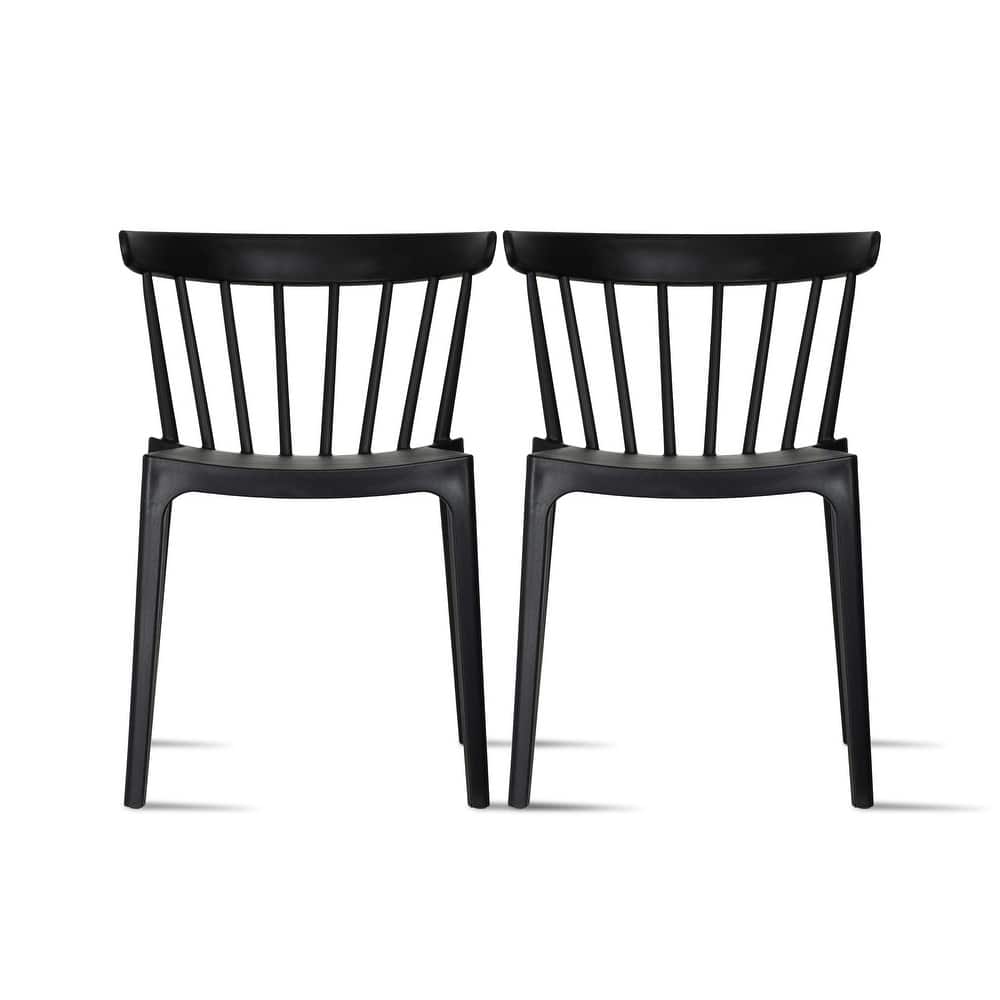 Set of 2 Stackable Modern Plastic Low Back Windsor Dining Chairs With Spindle Back For Kitchen Indoor Outdoor Patio Office
