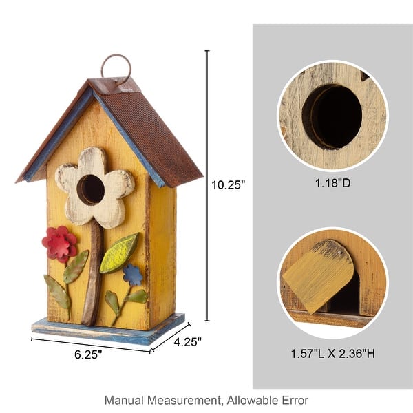 dimension image slide 0 of 5, Glitzhome 10"H Multicolor Cute Distressed Solid Wood Birdhouse with 3D Flowers