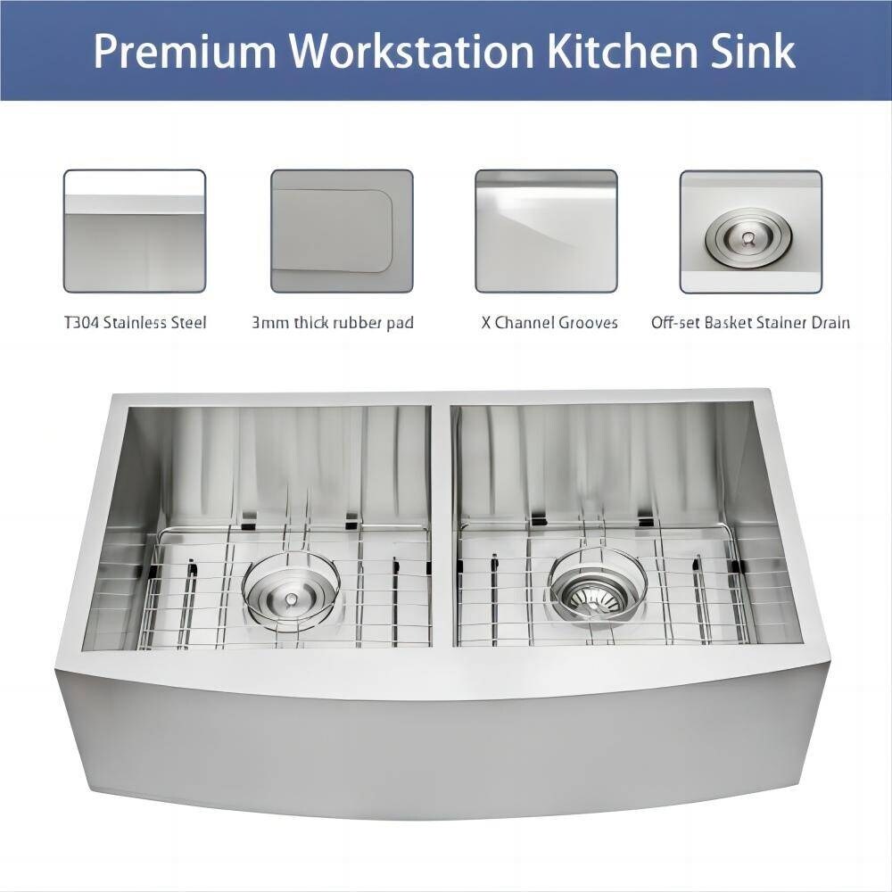 33 in 36 in Double Bowl (50/50) Farmhouse Sink Apron Front Kitchen