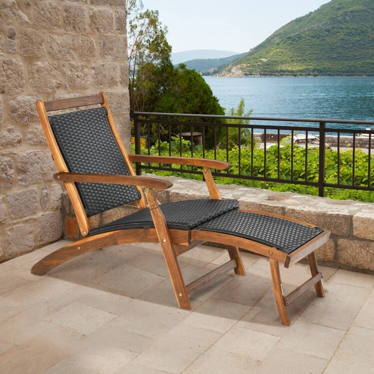 Patio Rattan Folding Lounge Chair with Acacia Wooden Frame Retractable Footrest - 24" x 51.5" x 32.5"(L x W x H)