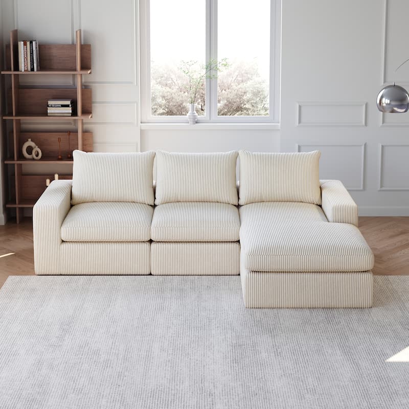 Roomfitters Modern 3-Seater Corduroy Cloud Sectional Sofa with Chaise, L-Shaped Boneless Couch with Pillows