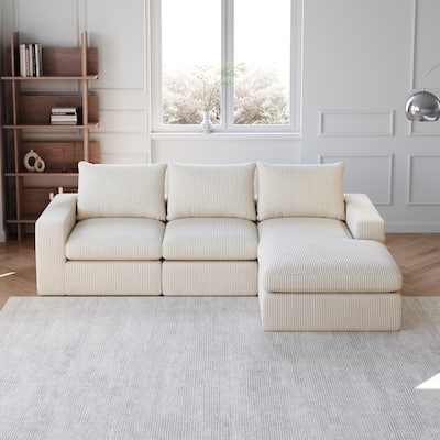 Roomfitters Modern 3-Seater Corduroy Cloud Sectional Sofa with Chaise, L-Shaped Boneless Couch with Pillows