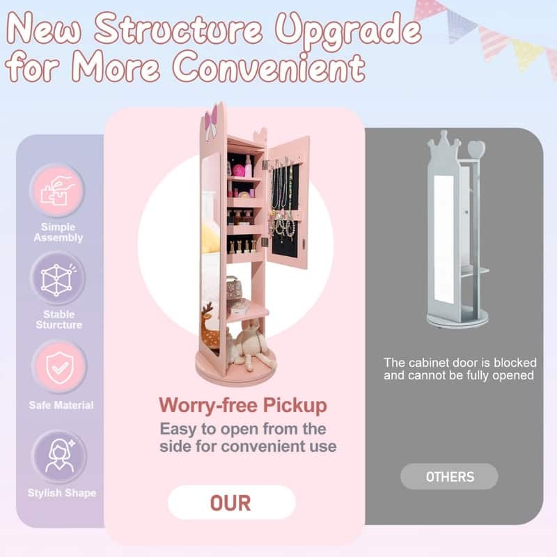 Kids MDF Jewelry Cabinet In White Jewelry Armoire With Rotatable Base, 1 Door And 1 Shelf - N/A