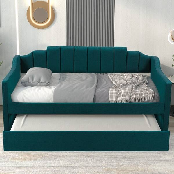 slide 2 of 27, Twin Size Upholstered Bed Daybed with Pull-out Twin Trundle Bed, Wood Sofa Bed Frame for Kids Teens Adults Living Room Green