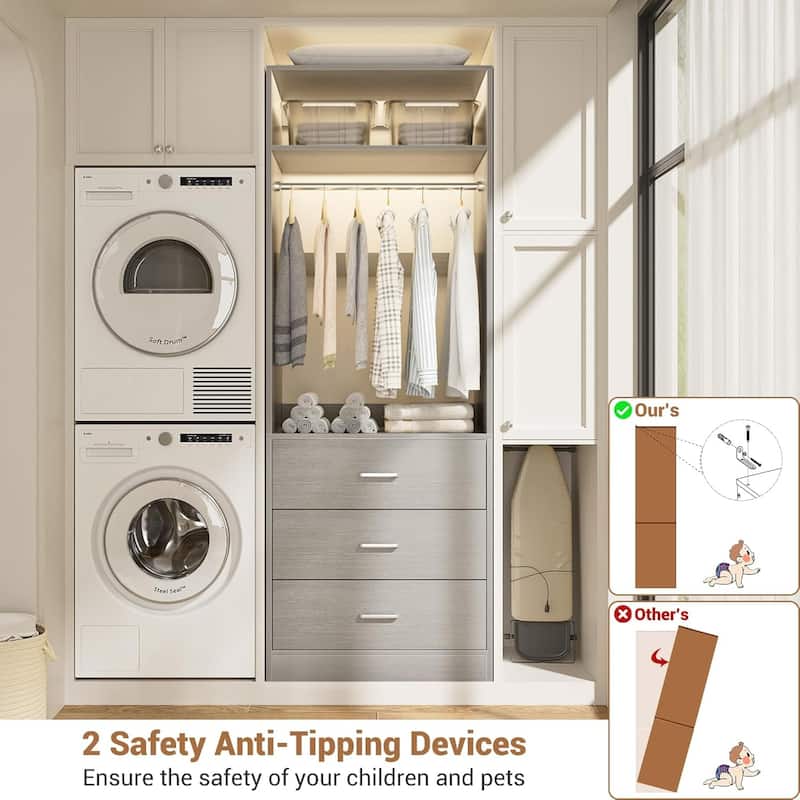Kyrvo 24" Freestanding Closet Organizer System with Hanging Rod & Shelves,Heavy Duty Closet System with 3 Wood Drawers