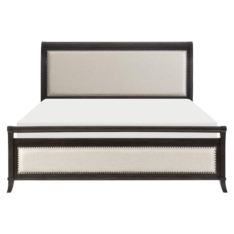 Bron Queen Bed with Sleigh Headboard Design, Beige Upholstery, Solid Wood