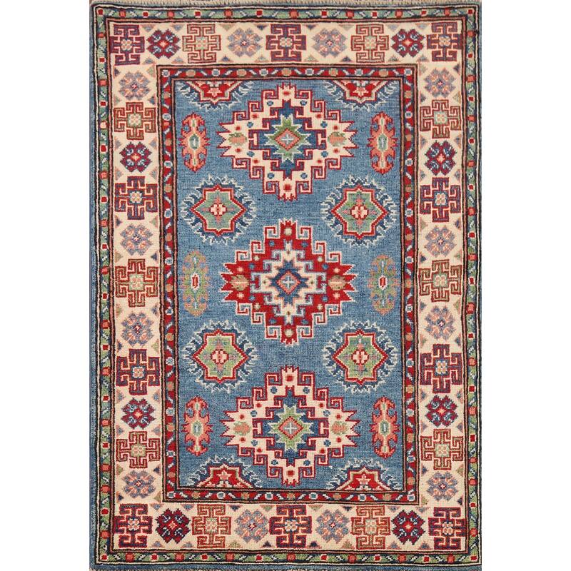 Blue Kazak Foyer Rug Handmade Geometric Wool Handmade Wool Carpet - 2'9" x 4'2"