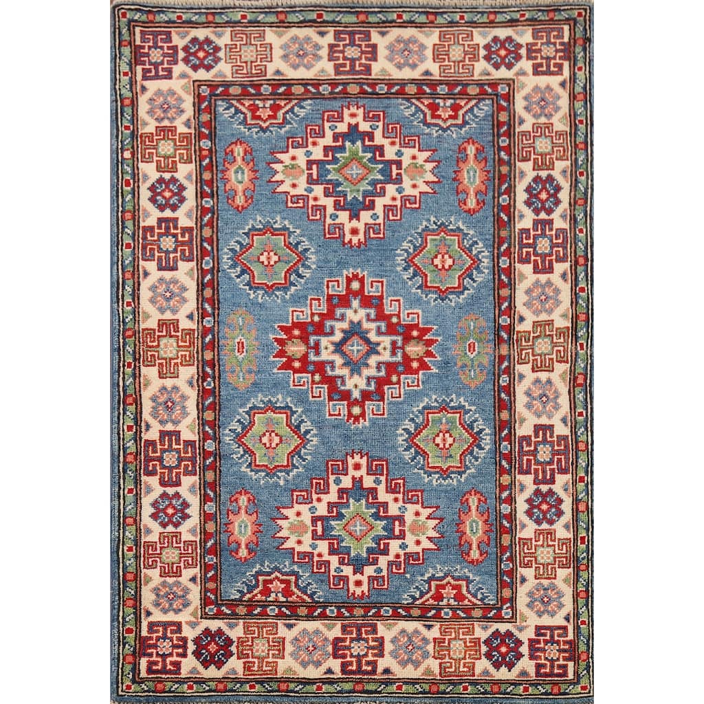 Blue Kazak Foyer Rug Handmade Geometric Wool Handmade Wool Carpet - 2'9" x 4'2"