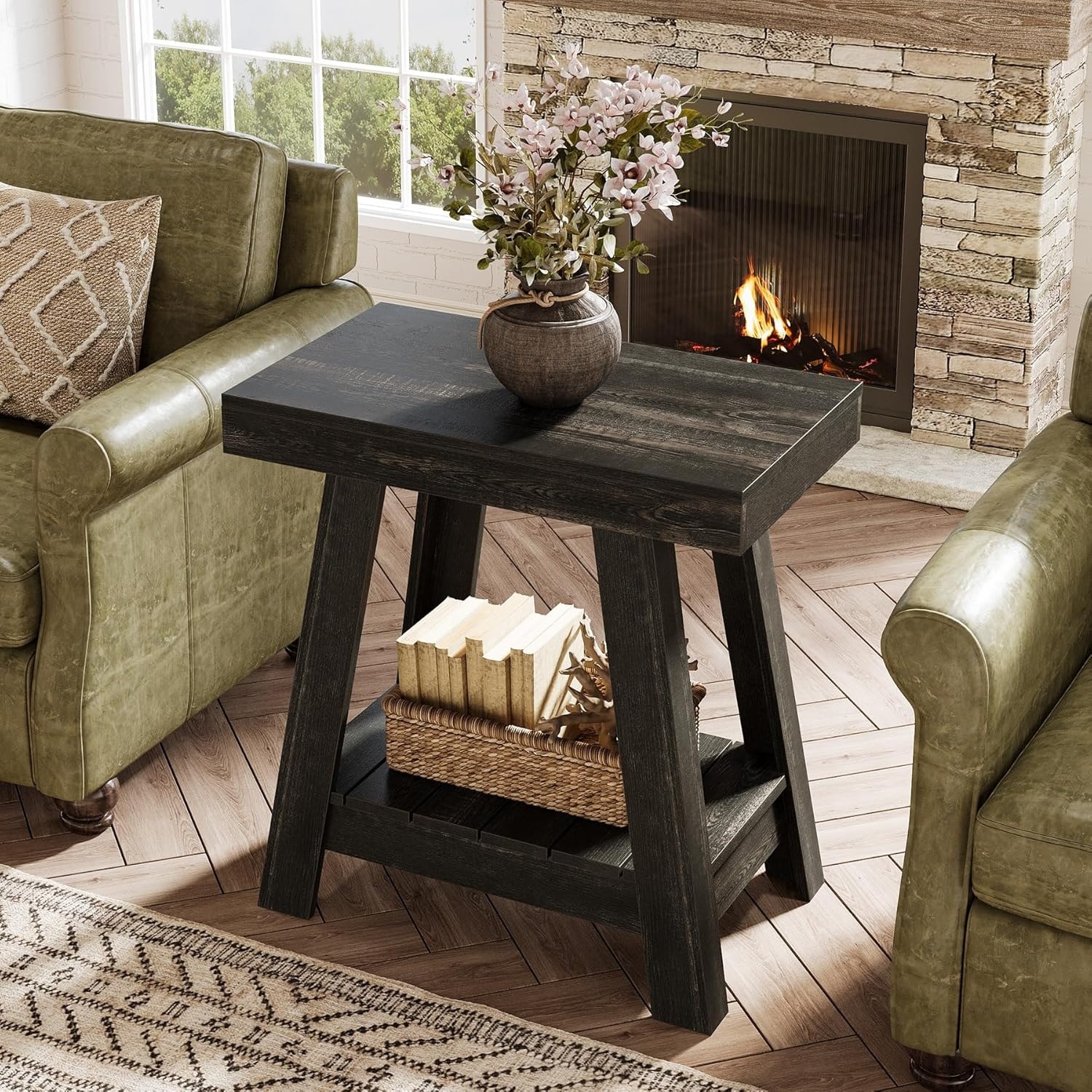 2-Tier Wooden End Table, Farmhouse Rustic Small Sofa Side Table with Storage Shelf - 23.62" L x 13.78" W x 25.59" H