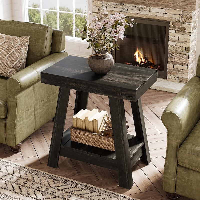 2-Tier Wooden End Table for Living Room, Bedroom, Small Spaces, Rustic Grey