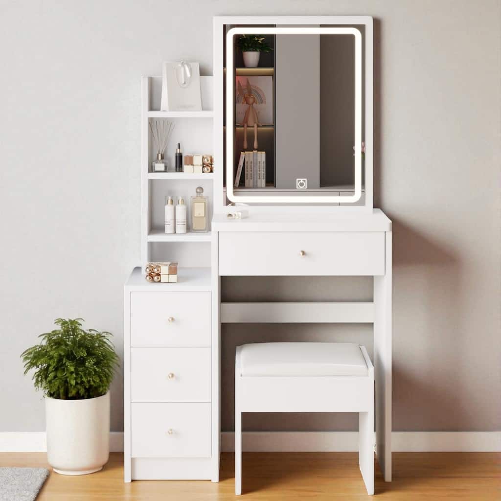 29.2" Small Vanity Table with LED Sliding Mirror, Cushioned Stool, Touch Light and Storage Cabinet