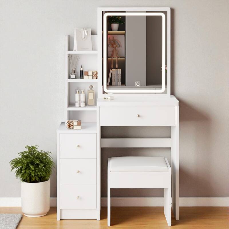 29.2" Small Vanity Table with LED Sliding Mirror, Cushioned Stool, Touch Light and Storage Cabinet - White
