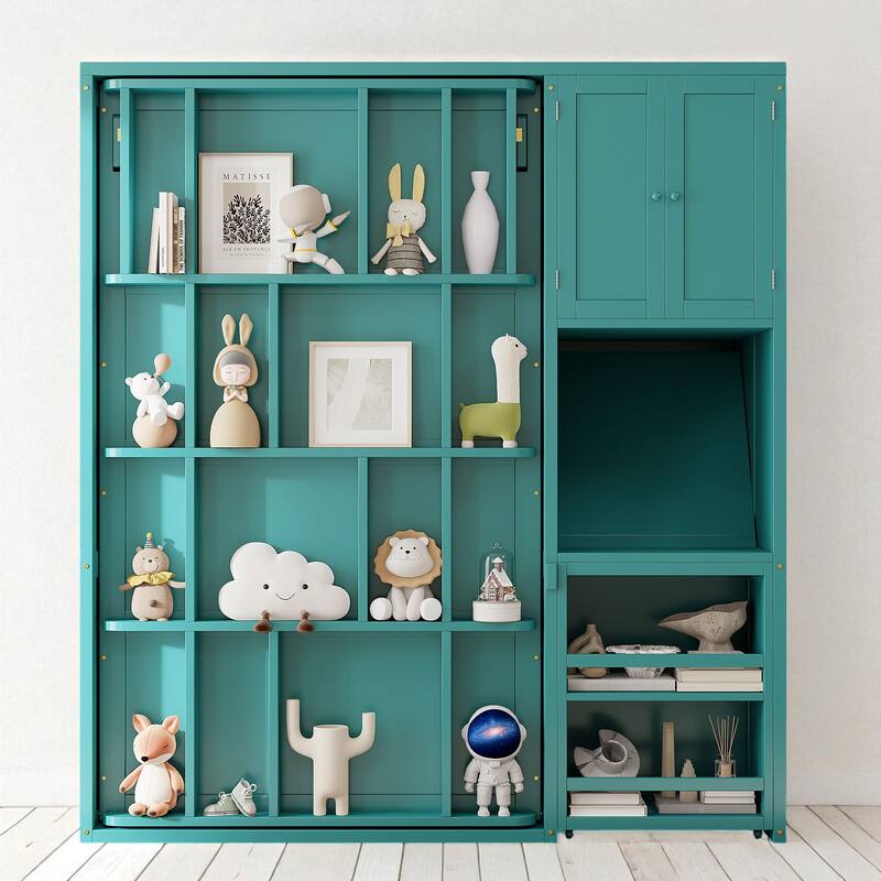 Twin Size Rotating Murphy Wall Bed with Bookshelf, Top Cabinet, Extendable Desk and Side Storage - Teal - Twin