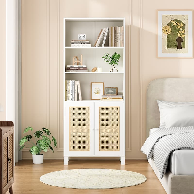 Tall Bookcase with Rattan Doors,5 Tier Storage Wood Shelves Large Bookshelf for Library Living Room Bedroom Home Office