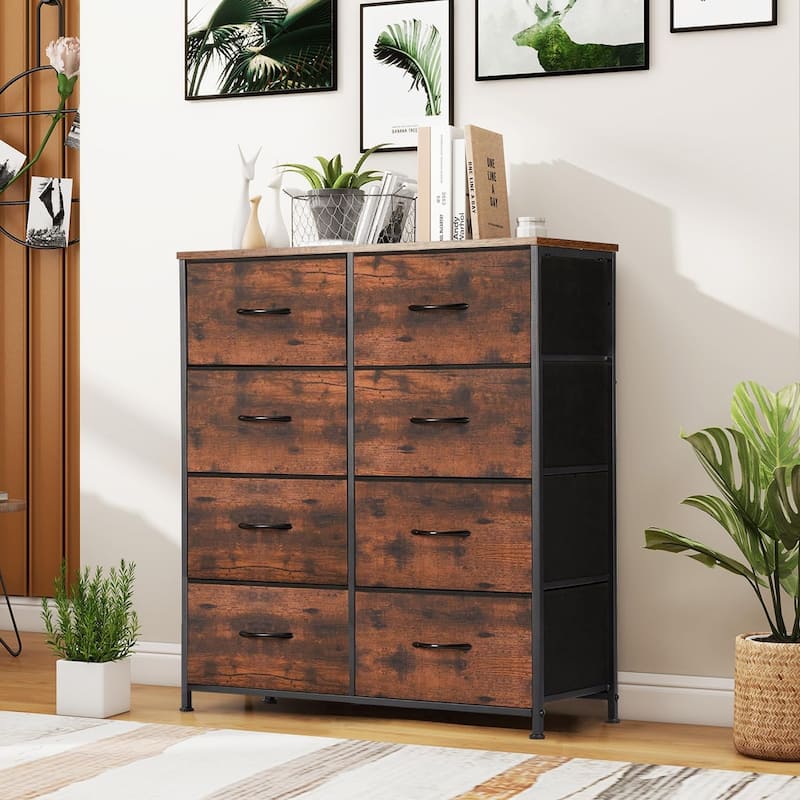 Dresser for Bedroom with 8 Drawers, Anti-Tip Tall Fabric Chests Storage Organizer Tower Furniture with Wooden Top Metal Frame - Brown