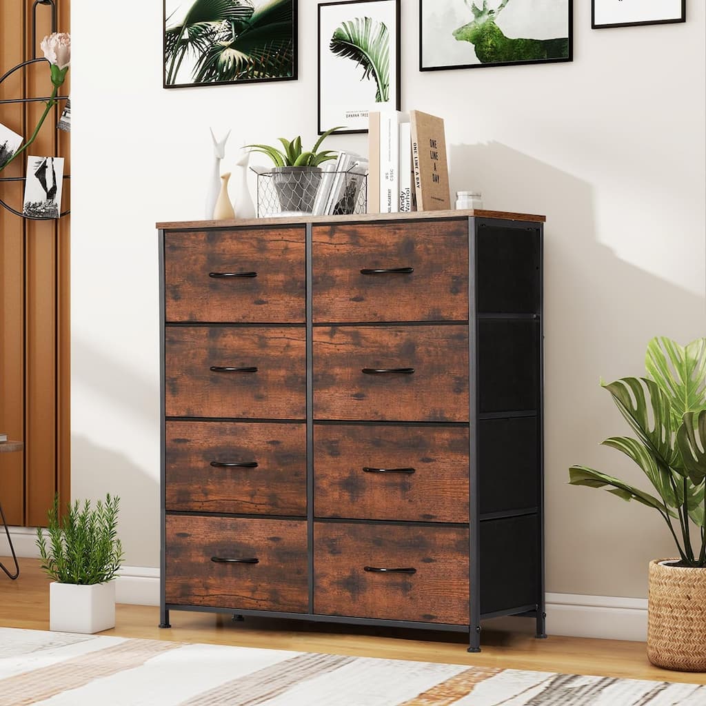 Dresser for Bedroom with 8 Drawers, Anti-Tip Tall Fabric Chests Storage Organizer Tower Furniture with Wooden Top Metal Frame