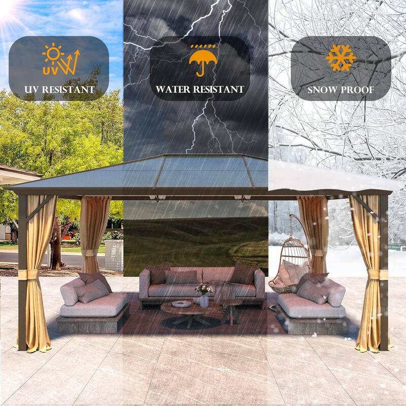 Outdoor Hardtop Gazebo for patio,Polyester Double Roof Canopy, Permanent Pavilion with Aluminum Frame,Curtains & Netting