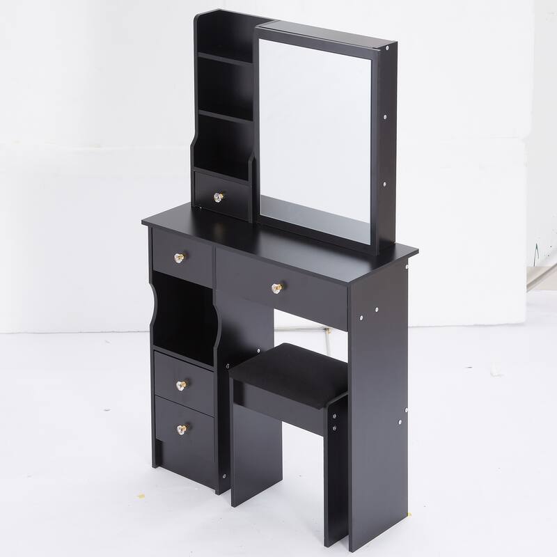 29.2" Small Space Left Drawer Desktop Vanity Table + Cushioned Stool, Extra Large Right sliding mirror