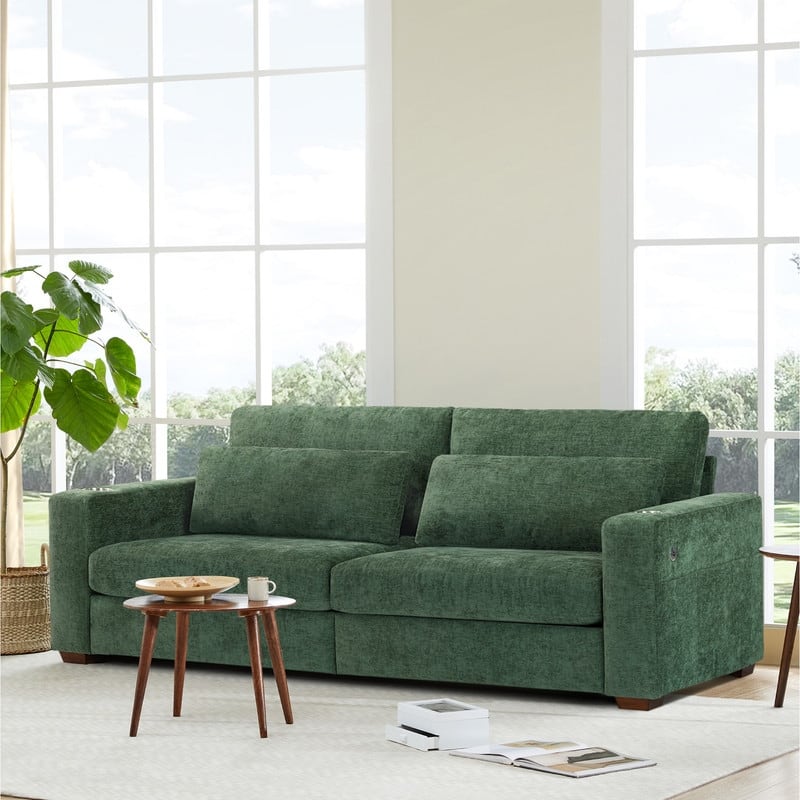 Spruce & Spring Ezra 89" Modern High Back Living Room Sofa with USB & Cup Holders - Green
