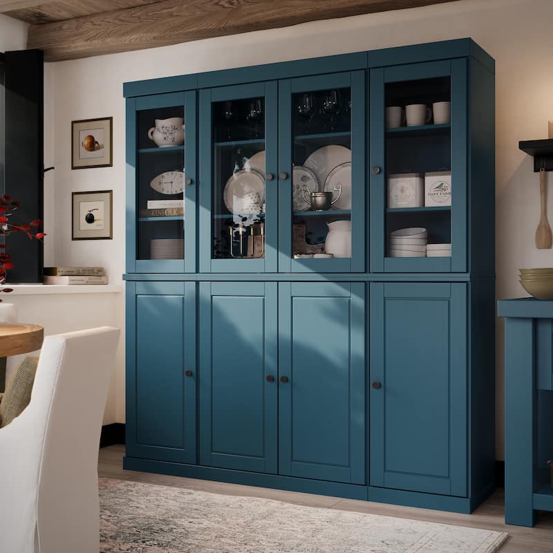 Palace Imports 100% Solid Wood 65" Kitchen China Pantry Cabinet - 65" x 71.5" - Teal Blue - 4 Clear Glass-4 Solid