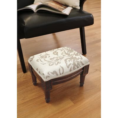Taupe Painterly Toile Footstool with wood stained finish