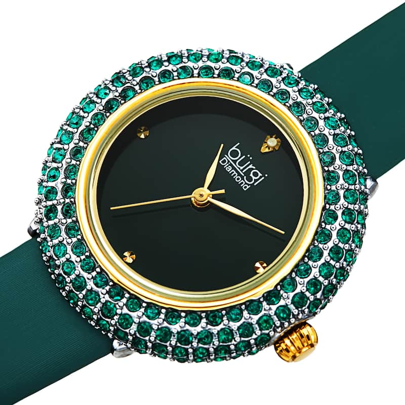 Burgi Ladies Vibrant Colorful Swarovski Crystal Diamond Satin Leather Strap Watch - Deep Green