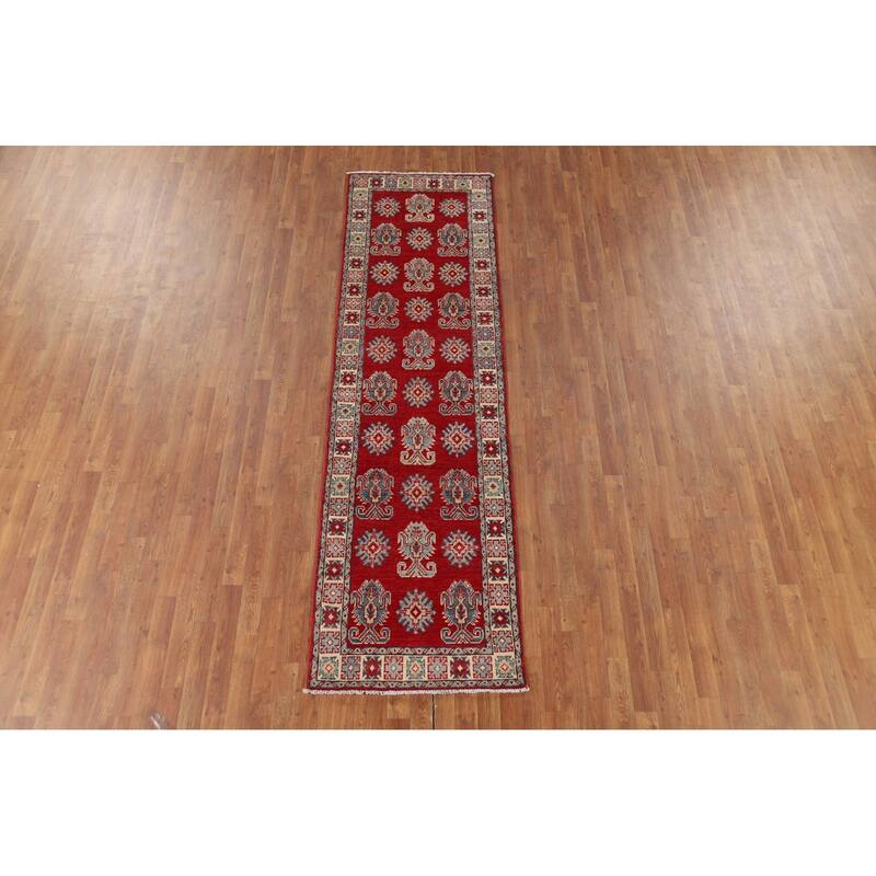 Red Geometric Kazak Oriental Runner Rug Handmade Wool Carpet - 2'8" x 9'4"