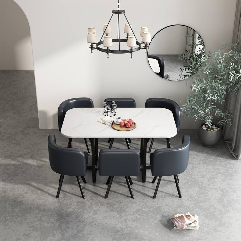 Modern Style 7-Piece Dining Set with Rectangular Marble-style Table and 6 Upholstered Dining Chairs
