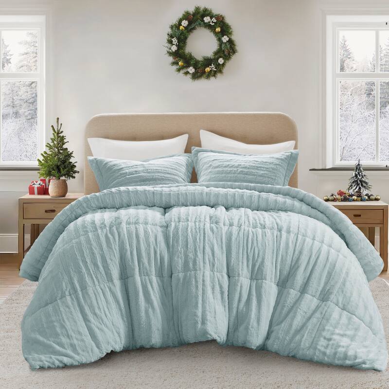 Madison Park York Faux Fur Comforter Mini Set - Aqua - Queen
