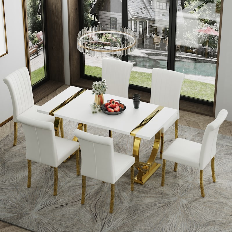 Luxury Dining Table Set with PU Leather Dining Chairs - White Table White Chairs - Table with 6 Chairs