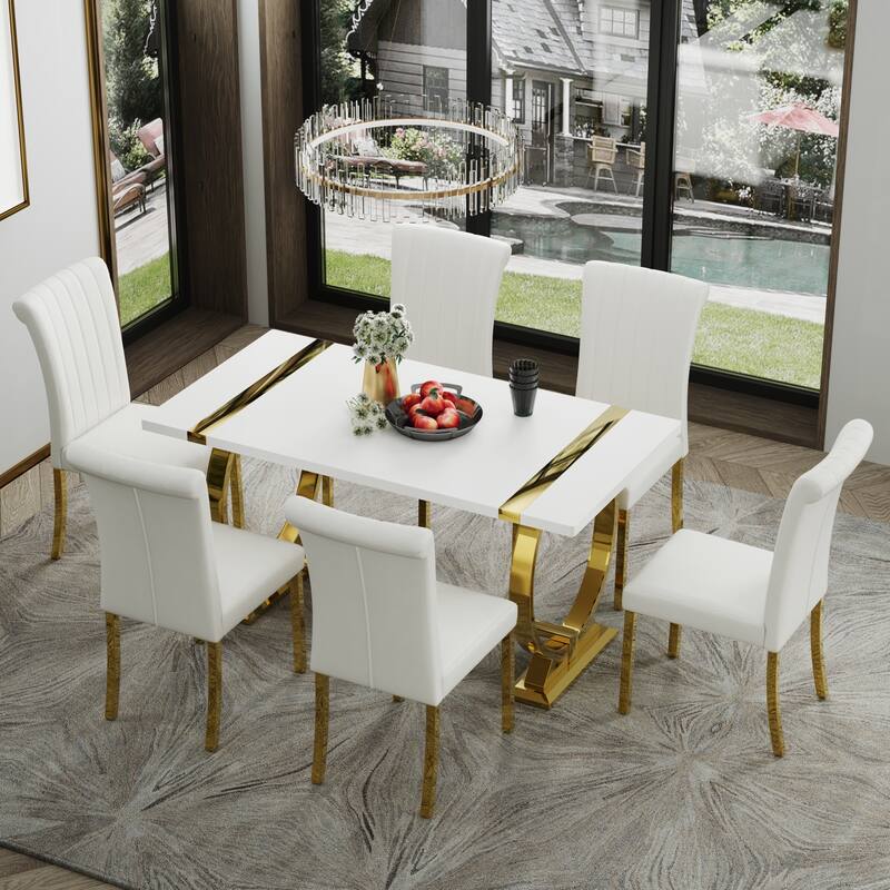 Modern White Dining Table with Polished Stainless Steel Circle Base