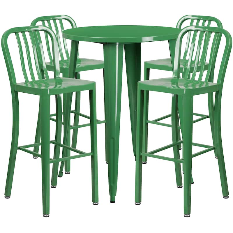 30'' Round Metal Indoor-Outdoor Bar Table Set with 4 Vertical Slat Back Stools - 30"W x 30"D x 41"H - 30"W x 30"D x 41"H