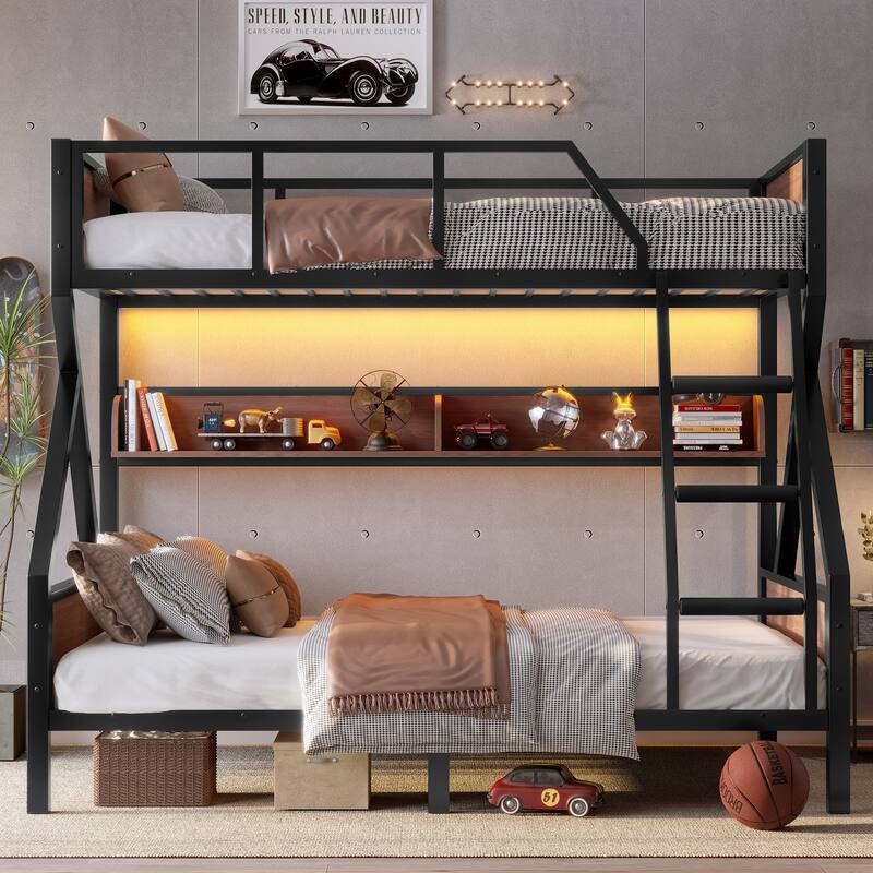 Twin over Full Bunk Bed, Metal Bunk Bed with Storage Shelves and Lights, Space-saving & Noise-free Design, Black
