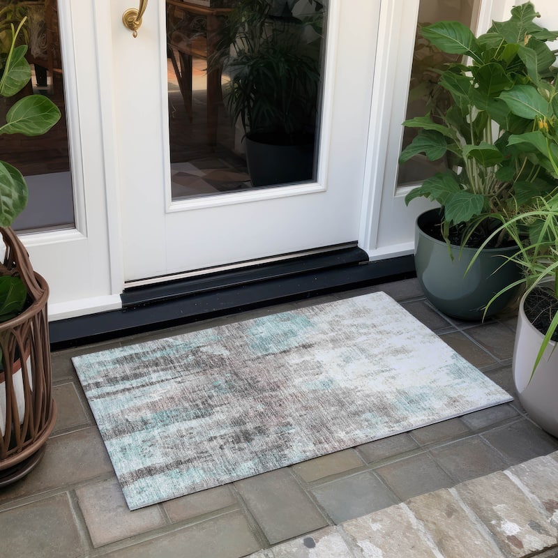 Machine Washable Indoor/ Outdoor Abstract Modern Chantille Rug - Teal - 1'8" x 2'6"