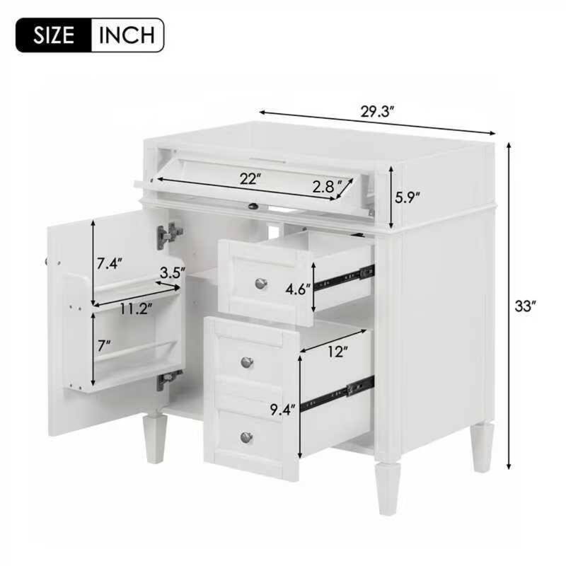 Roomfitters 30" Vanity Base Only, Modern Bathroom Cabinet with 2 Drawers and Tip-out Tray, Basin Not Included