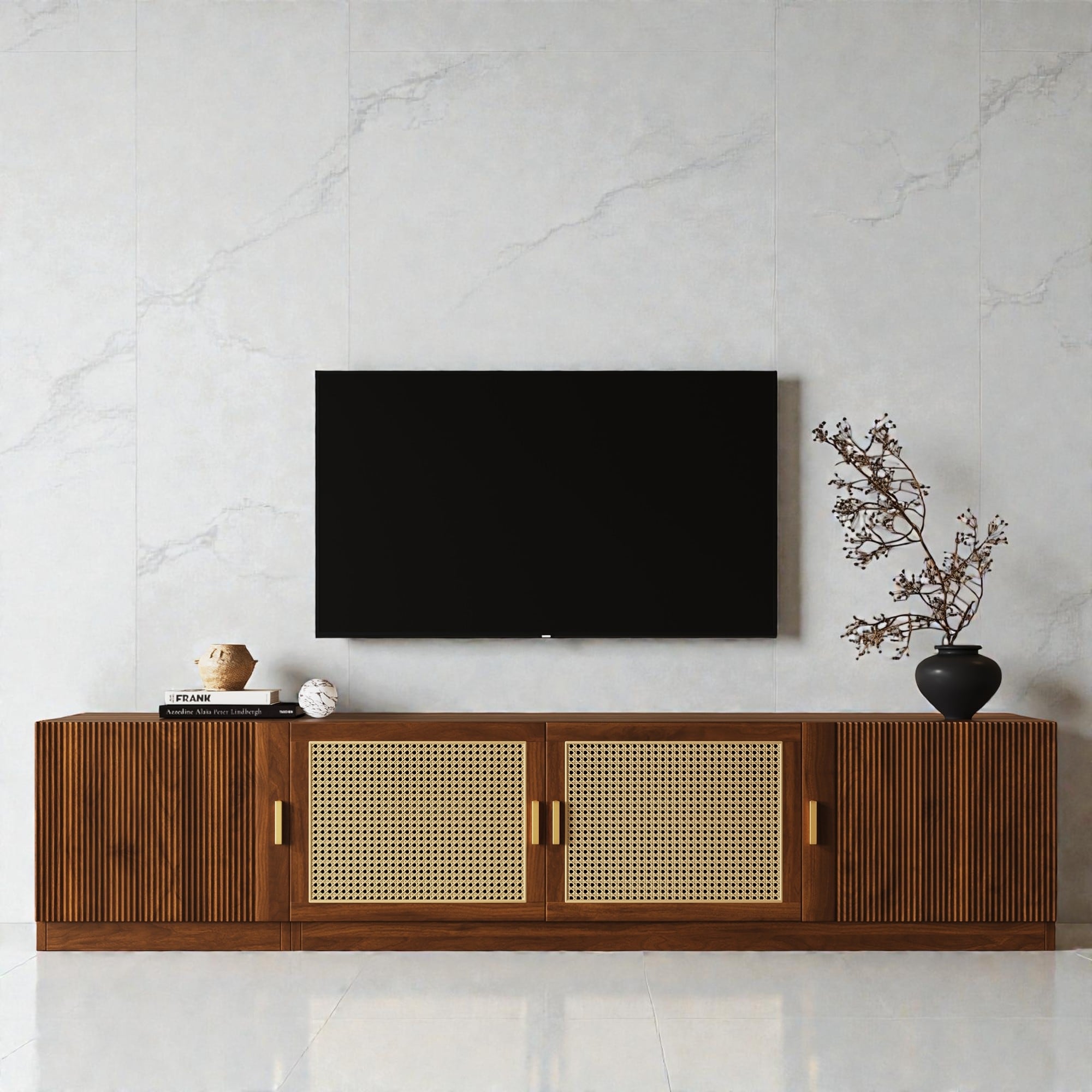 78" Mid-Century TV Stand for TVs Up to 85", Rattan Door Media Console with Adjustable Shelves & Cable Management