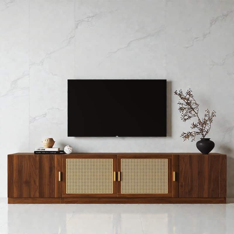 78" Mid-Century TV Stand for TVs Up to 85", Rattan Door Media Console with Adjustable Shelves & Cable Management - Walnut