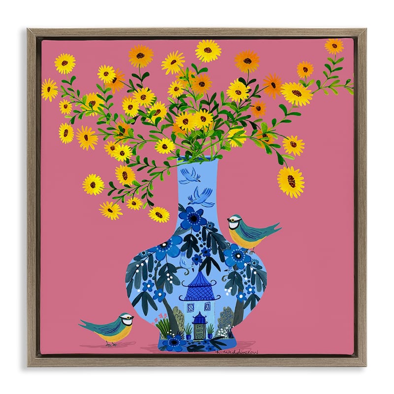 Stupell Ornate Vase with Daisies Framed Floater Canvas Wall Art Design By Kay Widdowson - 18 x 18 - Brown