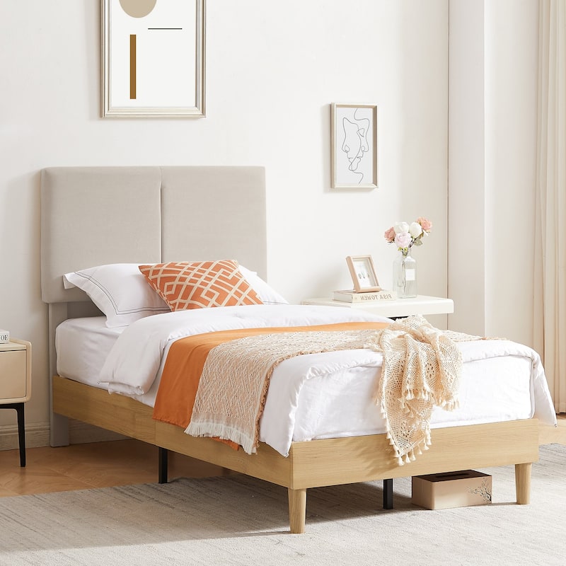 VECELO Wood Frame Upholstered Kids Bed With Headboard,Twin Size Bed Set of 2