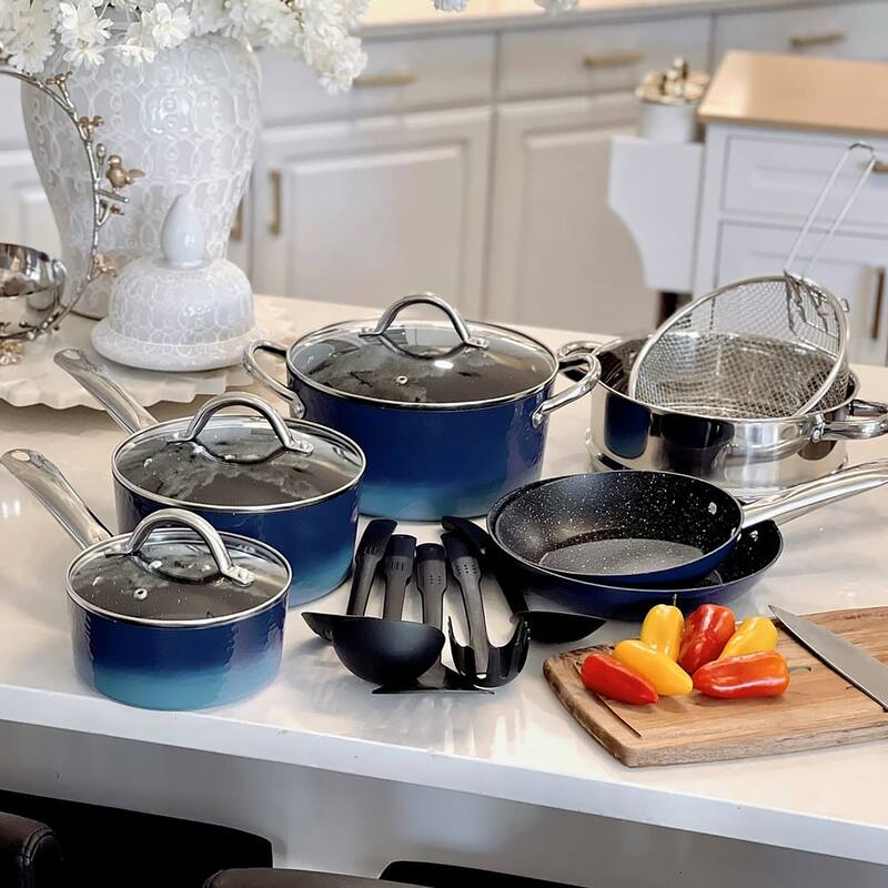 Kitchen Academy Nonstick Granite-Coated 12/15-piece Cookware Set - Blue - 15 Piece