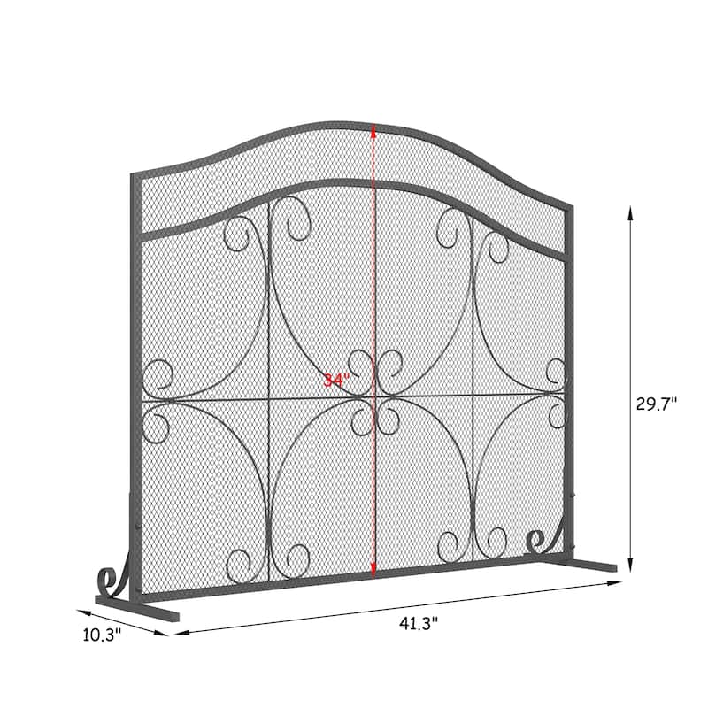 Vintage Wrought Iron Fireplace Screen with Arched Top, Decorative Scroll Design, Sturdy Mesh Spark Guard for Home Hearth