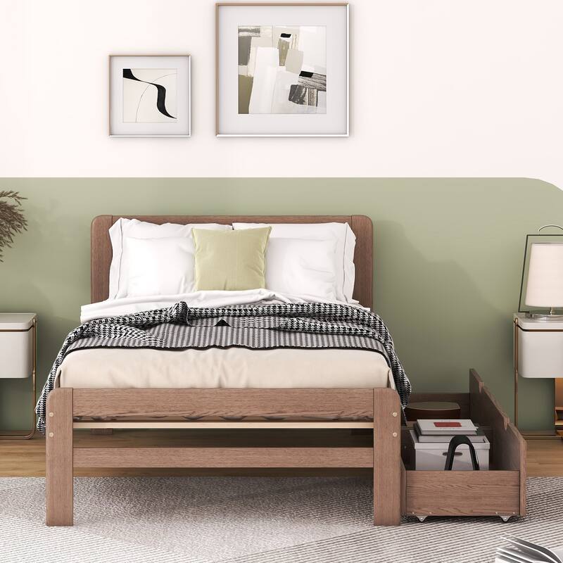 Modern Design Wooden Platform Bed Frame with Trundle